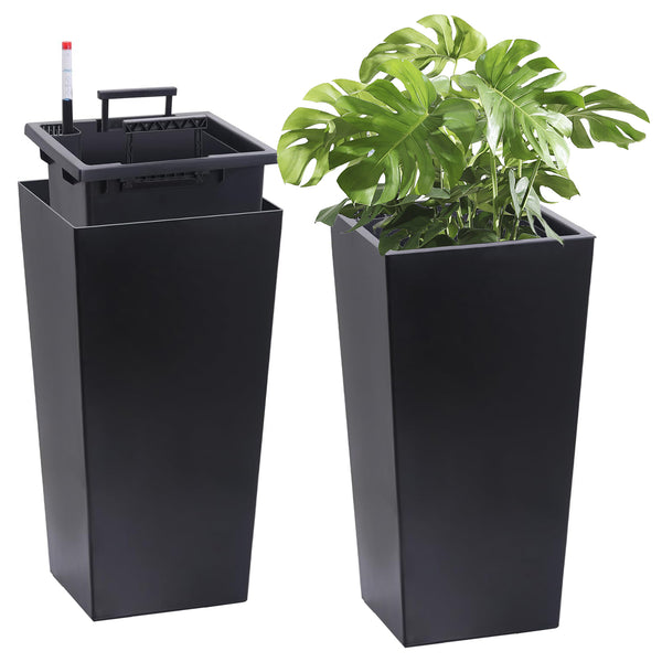 English Elm 22"Tall Planter Set of 2 Black - 22" Self-Watering Porch Planters with Drainage, Inner Bucket & Gauge W3101P335175