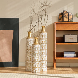 English Elm Floor Antique White Gold Metal Vases Set of 3 (32/28/24") — Tall Decorative Centerpieces for Entryway W2796P193594