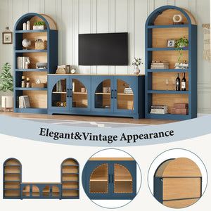English Elm 3-piece Farmhouse Entertainment Center with Arched Glass Doors and Open Tower Shelving Blue N721S000070C