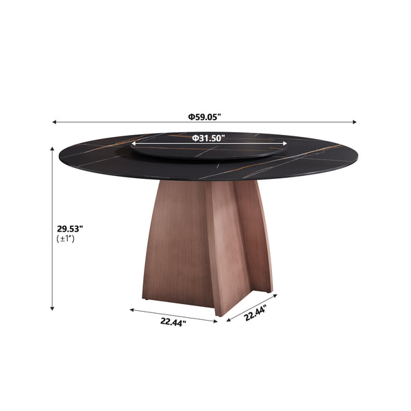 English Elm 59.05" Round Marble Dining Table For 6-8 People With Iron Base & Black Stone Turntable - Modern Elegance W1535S00485