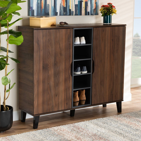 Baxton Studio Baxton Studio Idina Mid-Century Modern Shoe Cabinet in Two-Tone Walnut Brown & Grey Finish 2-door SESC16105-Columbia-Shoe Cabinet