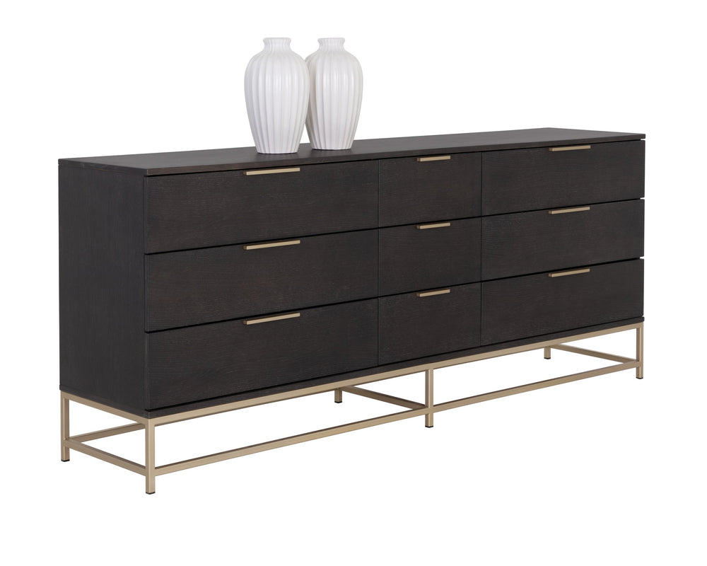 Sunpan Rebel Nine Drawer Oak Veneer Dresser with Brushed Gold Frame for Primary Bedrooms Large 109075