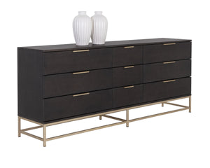 Sunpan Rebel Nine Drawer Oak Veneer Dresser with Brushed Gold Frame for Primary Bedrooms Large 109075
