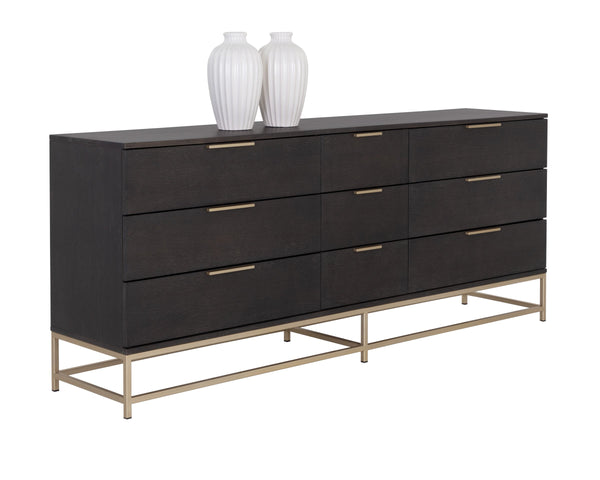 Sunpan Rebel Nine Drawer Oak Veneer Dresser with Brushed Gold Frame for Primary Bedrooms Large 109075