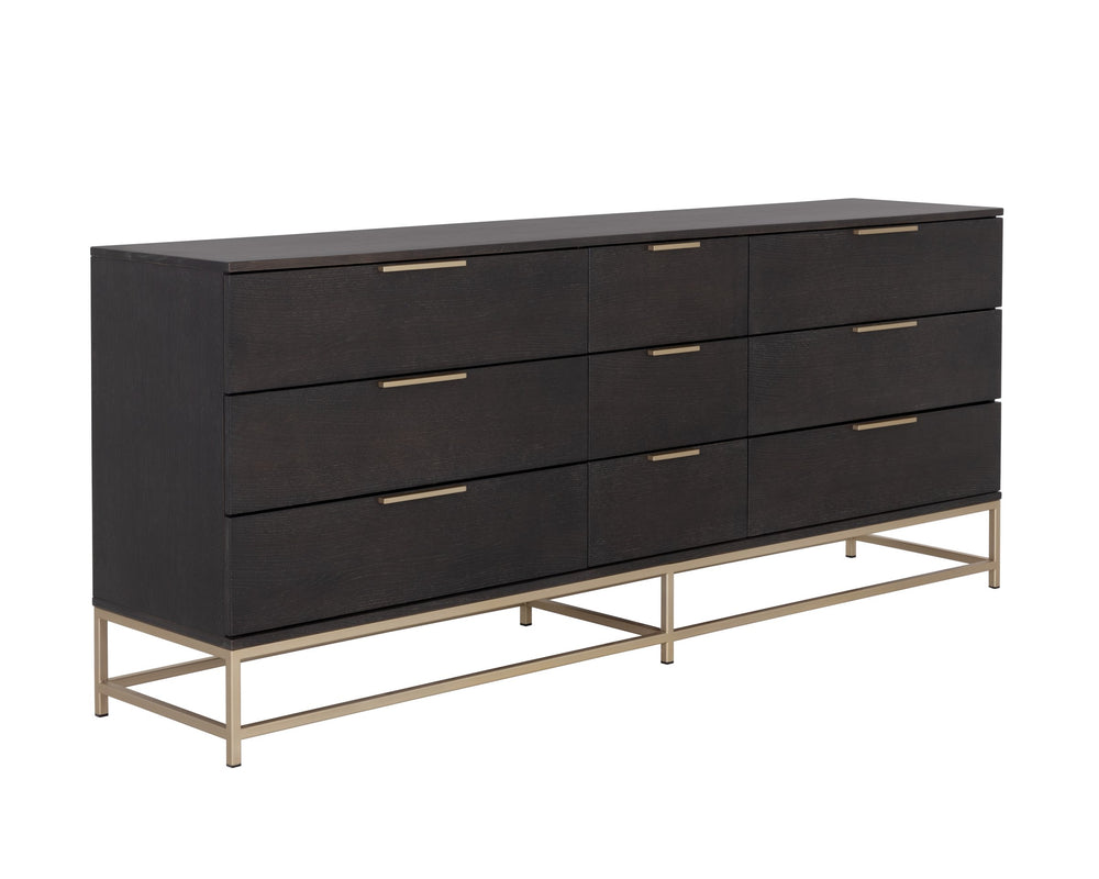 Sunpan Rebel Nine Drawer Oak Veneer Dresser with Brushed Gold Frame for Primary Bedrooms Large 109075
