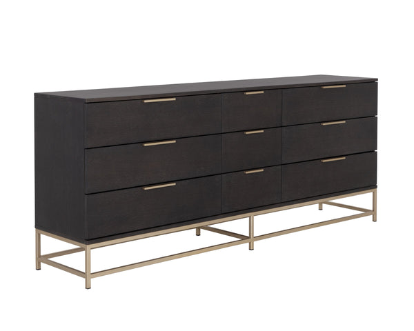Sunpan Rebel Nine Drawer Oak Veneer Dresser with Brushed Gold Frame for Primary Bedrooms Large 109075