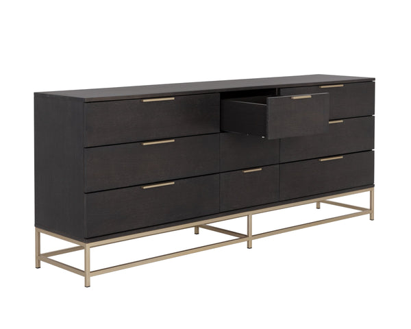 Sunpan Rebel Nine Drawer Oak Veneer Dresser with Brushed Gold Frame for Primary Bedrooms Large 109075