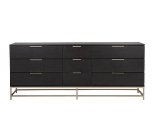 Sunpan Rebel Nine Drawer Oak Veneer Dresser with Brushed Gold Frame for Primary Bedrooms Large 109075