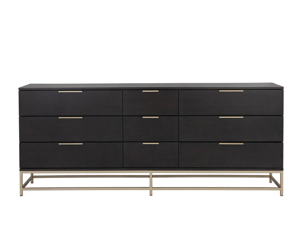Sunpan Rebel Nine Drawer Oak Veneer Dresser with Brushed Gold Frame for Primary Bedrooms Large 109075