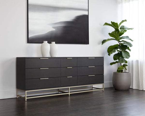 Sunpan Rebel Nine Drawer Oak Veneer Dresser with Brushed Gold Frame for Primary Bedrooms Large 109075