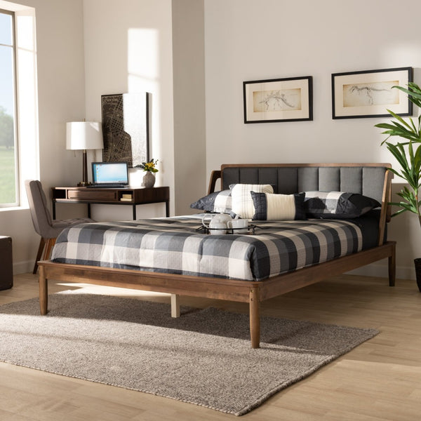 Baxton Studio Baxton Studio Helsa Mid-Century Modern Platform Bed with Upholstered Headboard and Walnut Finish Full MG0047-5-Dark Grey/Ash Walnut-Full