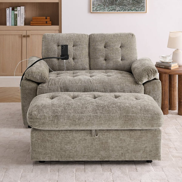 English Elm Leisure Chenille Two Seat Reclining Sofa with Usb Port Storage Ottoman Padded Armrests Brown W487S00518