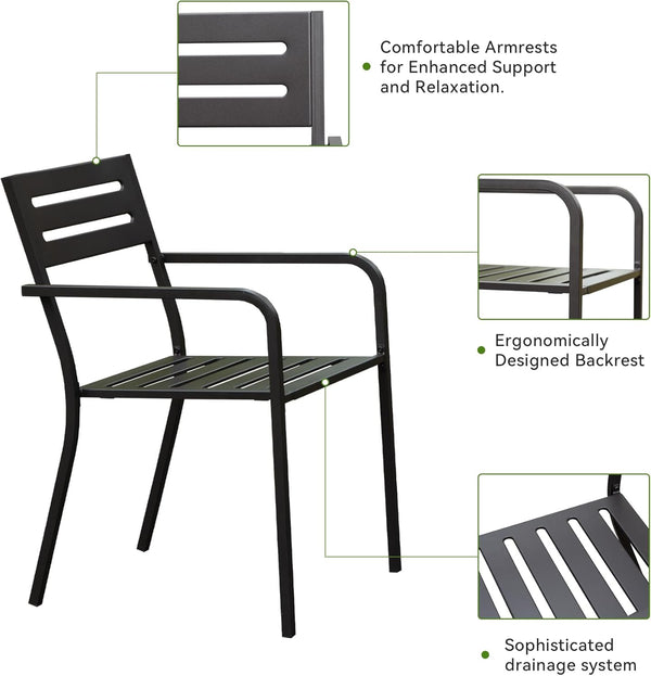 English Elm 4-Pieces Stackable Patio Dining Chairs Set, Heavy-Duty Powder-Coated Metal, Ergonomic Armrests, Black W1859P272679