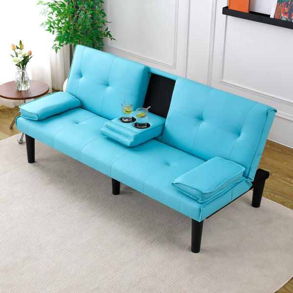 English Elm The 67-inch PVC multi-functional sofa bed with cup holder and one-click fold, space-saving comfort for guests Blue W3371P347652