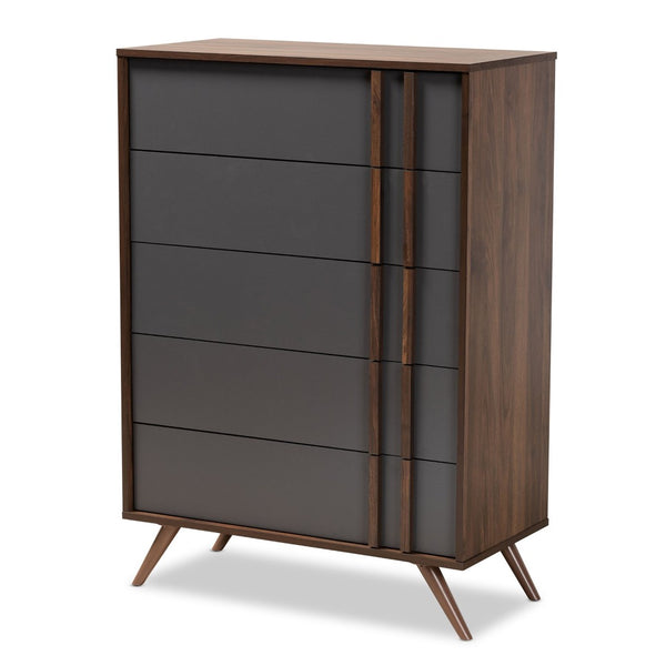 Baxton Studio Baxton Studio Modern 5-Drawer Chest with Two-Tone Grey & Walnut Finish - Stylish Storage Solution! LV15COD15230-Columbia/Dark Grey-5DW-Chest
