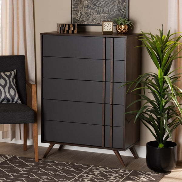 Baxton Studio Baxton Studio Modern 5-Drawer Chest with Two-Tone Grey & Walnut Finish - Stylish Storage Solution! LV15COD15230-Columbia/Dark Grey-5DW-Chest
