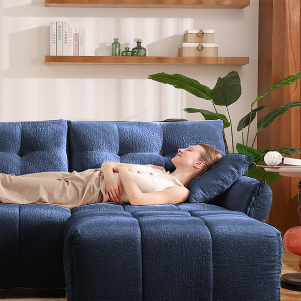 English Elm 3-Seater Sofa Set With 3 Ottomans & Pillows - Elegant Blue Chenille, Solid Wood Frame, Stylish Comfort W714S01151