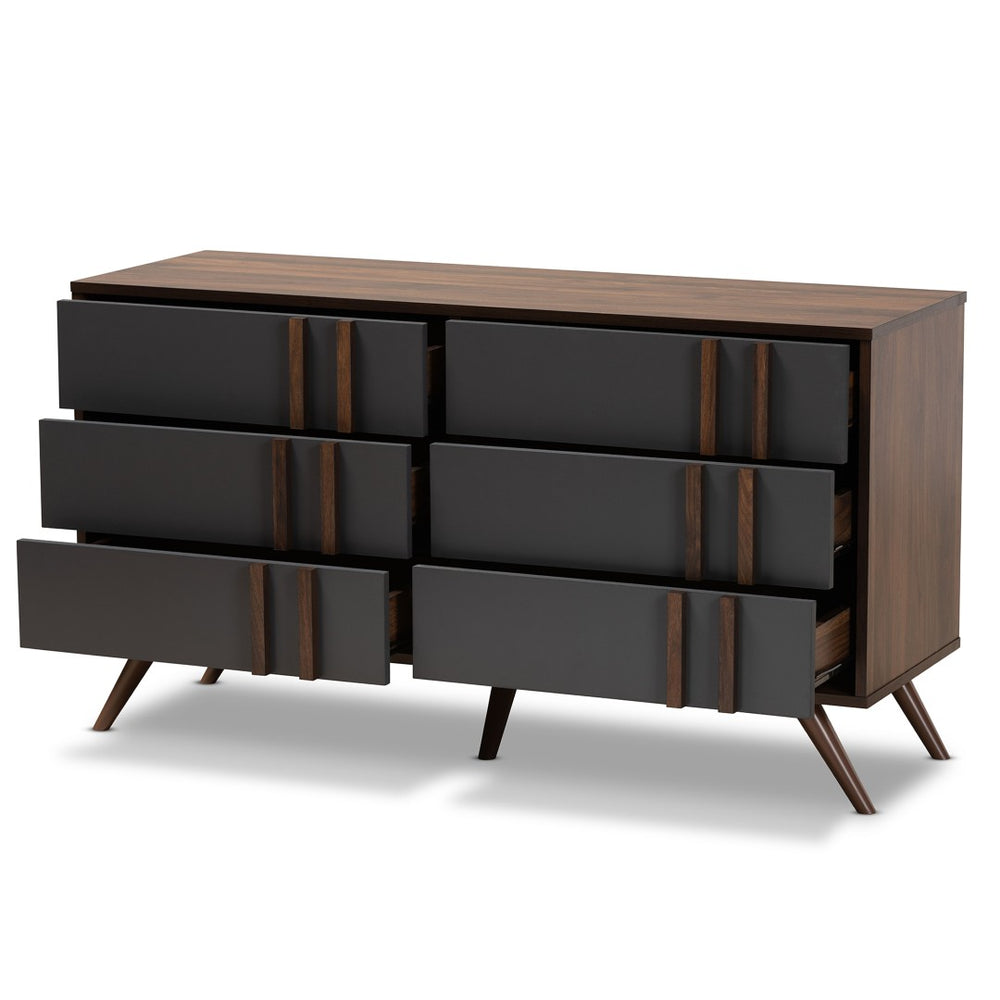 Baxton Studio Baxton Studio Naoki Modern 6-Drawer Dresser in Two-Tone Grey & Walnut, Stylish Mid-Century Design LV15COD15231-Columbia/Dark Grey-6DW-Dresser