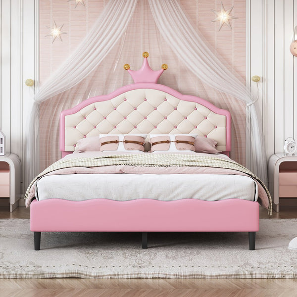English Elm Full Full Size Lovely Crown Fantasy PU Leather Princess Bed with Tufted Headboard, Pink Cream, Sturdy Frame N733P198762H