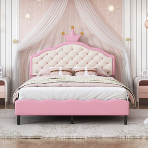 English Elm Full Size Lovely Crown Fantasy Pu Leather Princess Bed With Tufted Headboard, Pink+Cream