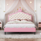 Full Size Lovely Crown Fantasy Pu Leather Princess Bed With Tufted Headboard, Pink+Cream