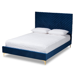 Baxton Studio Baxton Luxe Navy Velvet Queen Platform Bed with Gold Legs, Chevron-Tufted Headboard, and Storage Space BBT61079-Navy Blue Velvet/Gold-Queen