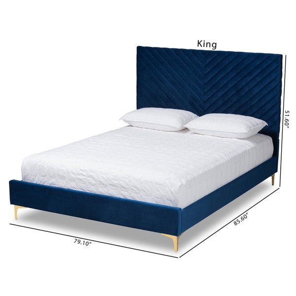 Baxton Studio Baxton Luxe Navy Velvet Queen Platform Bed with Gold Legs, Chevron-Tufted Headboard, and Storage Space BBT61079-Navy Blue Velvet/Gold-Queen