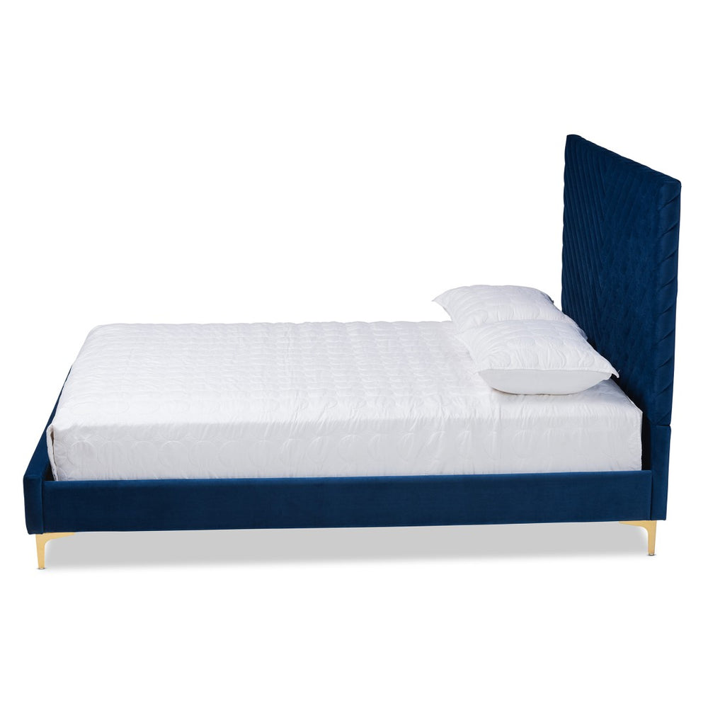 Baxton Studio Baxton Luxe Navy Velvet Queen Platform Bed with Gold Legs, Chevron-Tufted Headboard, and Storage Space BBT61079-Navy Blue Velvet/Gold-Queen