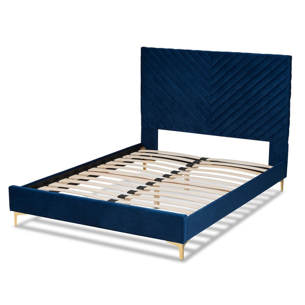 Baxton Studio Baxton Luxe Navy Velvet Queen Platform Bed with Gold Legs, Chevron-Tufted Headboard, and Storage Space BBT61079-Navy Blue Velvet/Gold-Queen
