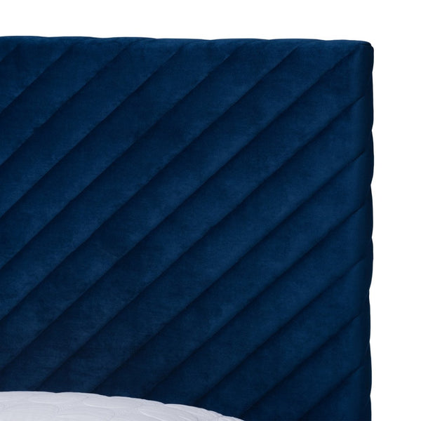 Baxton Studio Baxton Luxe Navy Velvet Queen Platform Bed with Gold Legs, Chevron-Tufted Headboard, and Storage Space BBT61079-Navy Blue Velvet/Gold-Queen