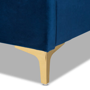 Baxton Studio Baxton Luxe Navy Velvet Queen Platform Bed with Gold Legs, Chevron-Tufted Headboard, and Storage Space BBT61079-Navy Blue Velvet/Gold-Queen