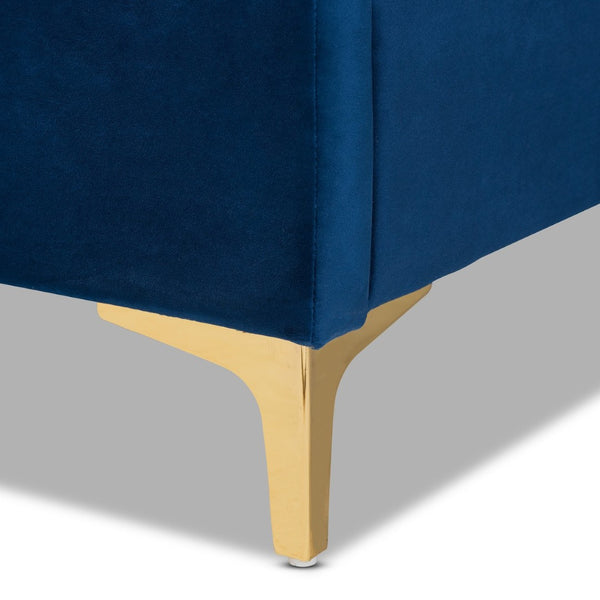 Baxton Studio Baxton Luxe Navy Velvet Queen Platform Bed with Gold Legs, Chevron-Tufted Headboard, and Storage Space BBT61079-Navy Blue Velvet/Gold-Queen