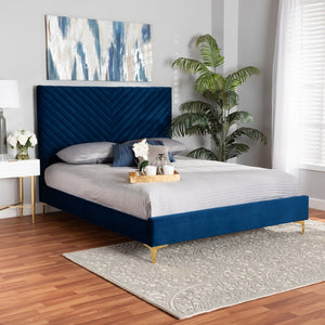 Baxton Studio Baxton Luxe Navy Velvet Queen Platform Bed with Gold Legs, Chevron-Tufted Headboard, and Storage Space BBT61079-Navy Blue Velvet/Gold-Queen