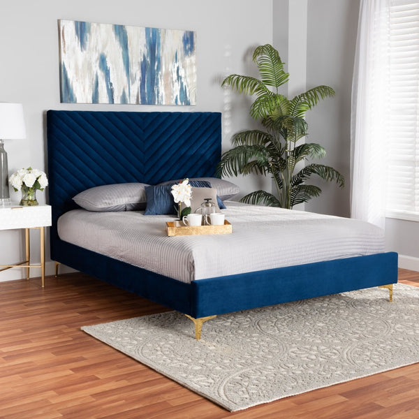 Baxton Studio Baxton Luxe Navy Velvet Queen Platform Bed with Gold Legs, Chevron-Tufted Headboard, and Storage Space BBT61079-Navy Blue Velvet/Gold-Queen