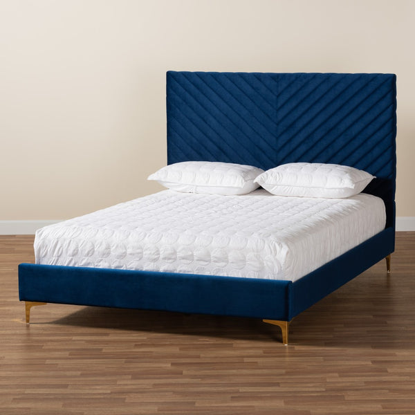 Baxton Studio Baxton Luxe Navy Velvet Queen Platform Bed with Gold Legs, Chevron-Tufted Headboard, and Storage Space BBT61079-Navy Blue Velvet/Gold-Queen