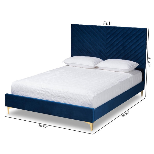 Baxton Studio Baxton Luxe Navy Velvet Queen Platform Bed with Gold Legs, Chevron-Tufted Headboard, and Storage Space BBT61079-Navy Blue Velvet/Gold-Queen