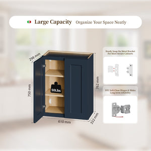 English Elm Navy Shaker Solid Wood Wall Cabinet Soft Close Double Doors for Kitchen or Bath T2950P479975