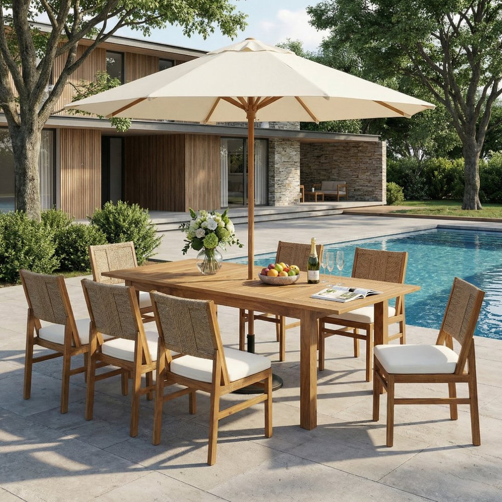 English Elm 7 Piece Outdoor Acacia Wood Patio Dining Set Extendable Table Wicker Chairs Cushioned N773OD00130B