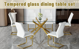 English Elm Table Modern Luxurious 6-Piece Dining Set With Transparent Glass Top, Gold Accents & White Chairs W1151S02587-GIGA