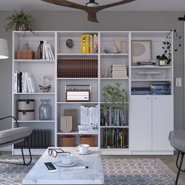 English Elm Dupree 4-Piece Home Bookcase Set with 17 Shelves & Double-Door Cabinet, Stylish Durable Storage Solution White 41 L x 28 W x 5 H B200S00364
