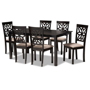 Baxton Studio Baxton Dallas 7-Piece Dining Set: Modern Dark Brown Wood Table & Upholstered Chairs for Comfort RH1019C-Sand/Dark Brown-7PC Dining Set