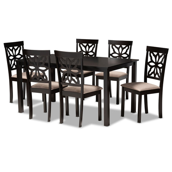 Baxton Studio Baxton Dallas 7-Piece Dining Set: Modern Dark Brown Wood Table & Upholstered Chairs for Comfort RH1019C-Sand/Dark Brown-7PC Dining Set