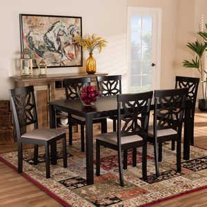 Baxton Studio Baxton Dallas 7-Piece Dining Set: Modern Dark Brown Wood Table & Upholstered Chairs for Comfort RH1019C-Sand/Dark Brown-7PC Dining Set