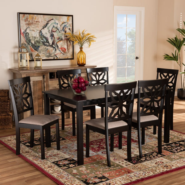 Baxton Studio Baxton Dallas 7-Piece Dining Set: Modern Dark Brown Wood Table & Upholstered Chairs for Comfort RH1019C-Sand/Dark Brown-7PC Dining Set