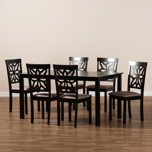 Baxton Studio Baxton Dallas 7-Piece Dining Set: Modern Dark Brown Wood Table & Upholstered Chairs for Comfort RH1019C-Sand/Dark Brown-7PC Dining Set