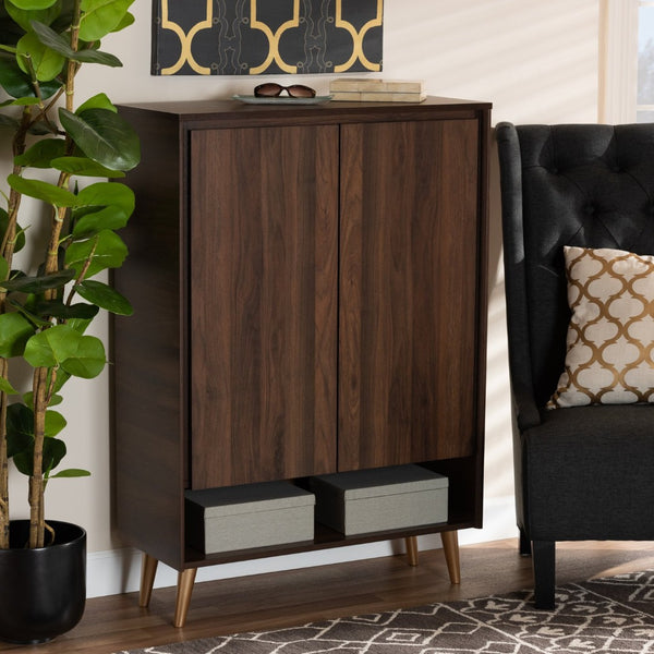Baxton Studio Baxton Studio Mid-Century Modern Shoe Storage Cabinet in Walnut Brown with Gold Legs for Entryways LV10SC10151WI-Columbia/Gold-Shoe Cabinet