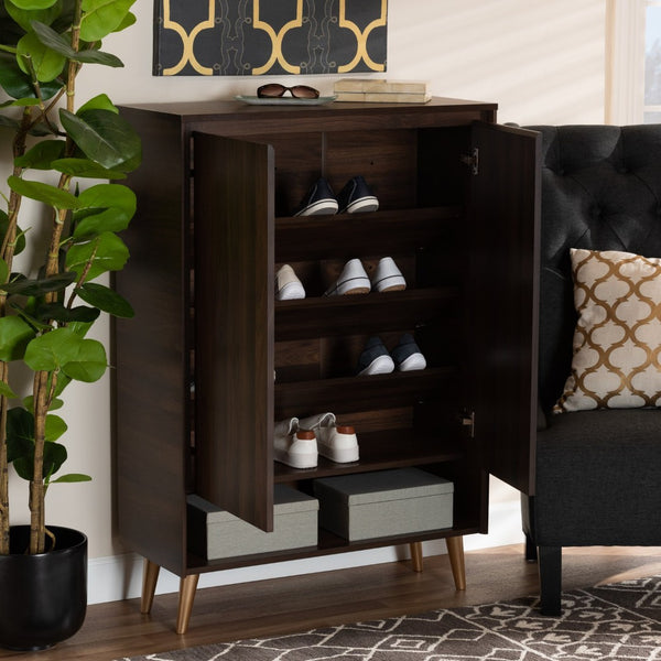 Baxton Studio Baxton Studio Mid-Century Modern Shoe Storage Cabinet in Walnut Brown with Gold Legs for Entryways LV10SC10151WI-Columbia/Gold-Shoe Cabinet