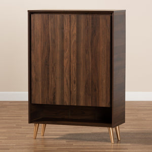 Baxton Studio Baxton Studio Mid-Century Modern Shoe Storage Cabinet in Walnut Brown with Gold Legs for Entryways LV10SC10151WI-Columbia/Gold-Shoe Cabinet