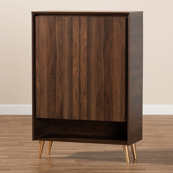 Baxton Studio Baxton Studio Mid-Century Modern Shoe Storage Cabinet in Walnut Brown with Gold Legs for Entryways LV10SC10151WI-Columbia/Gold-Shoe Cabinet