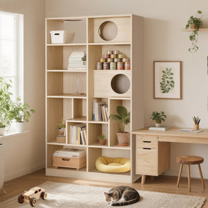 English Elm Modern 2 IN 1 Wood Bookshelf Cat House with Storage & Litter Box Enclosure, Natural Multi-Use Climbing Shelf 35.4"L x 15.7"W x 63.5"H N843P254852N